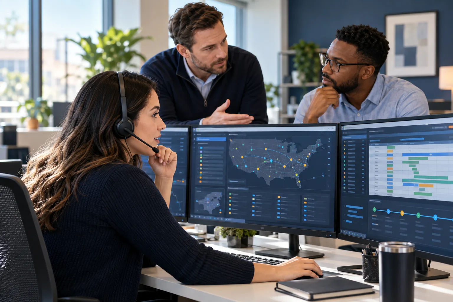 Freight brokerage team coordinating loads in an office