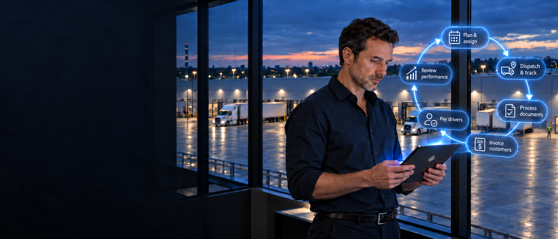 Transportation manager using a tablet displaying a daily logistics workflow.
