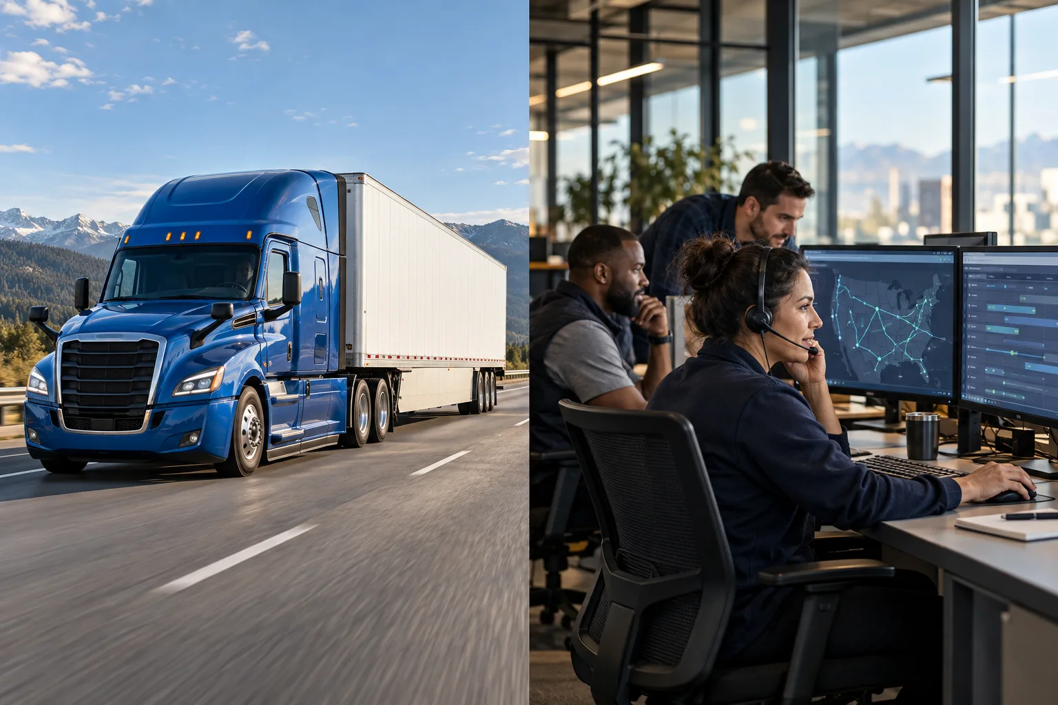 Blue tractor-trailer on the highway beside a carrier dispatch team in an office