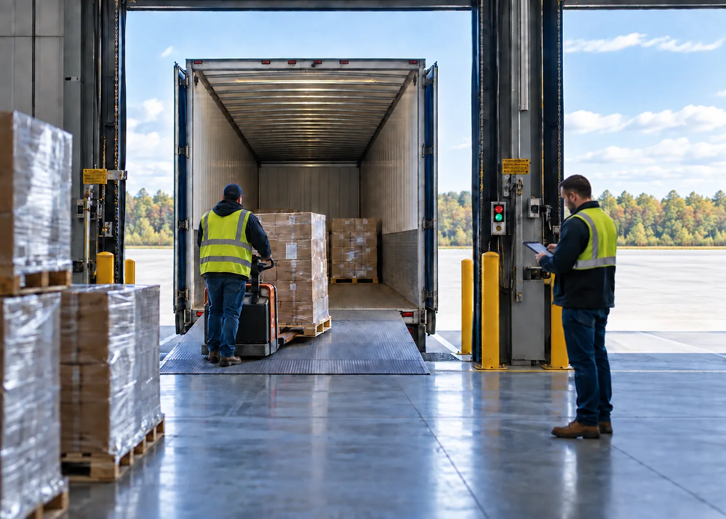 A warehouse worker loading pallets through the open rear of a trailer at a dock
