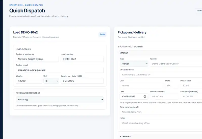 Quick Dispatch Muftar carrier application interface captured with fictional demo records